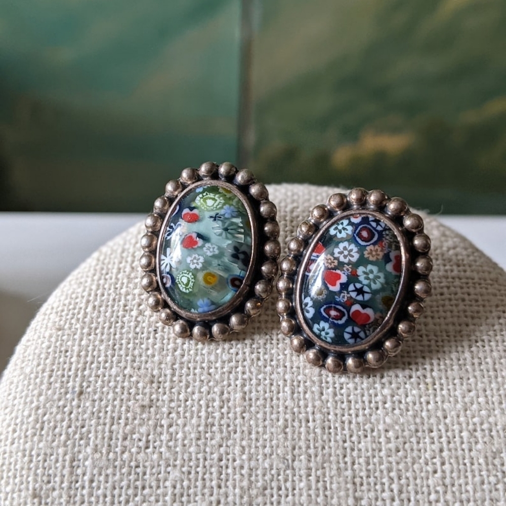 Vintage Sterling Silver Mille Fiore Venetian Glass Oval Earrings